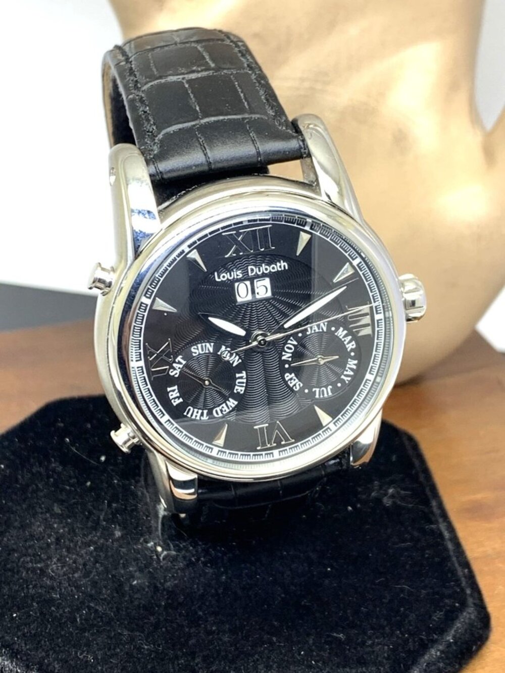 Louis Dubath Men's Watch Automatic Black Dial Triple Calendar Leather Strap 42mm